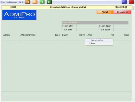 15 Kross och defektlistor Rutinen skapar statistik för krossade och defekta artiklar. 1) Välj Kross och defekt från funktionsmenyn.