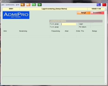 Tryck på <F5> för att välja en grupp från listan eller skriv in gruppnummer. Skriv in aktuellt inventeringsdatum. Skriv in lagernumret, som är en siffra mellan 1 och 5.