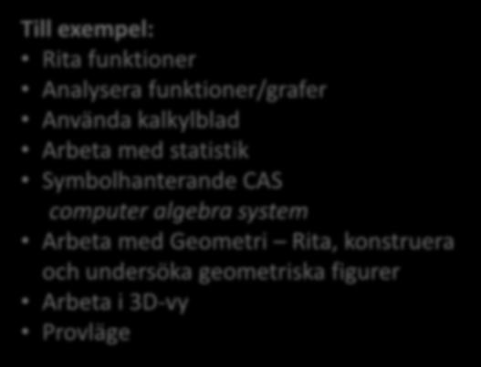 Rita funktioner Analysera funktioner/grafer Använda kalkylblad Arbeta med statistik