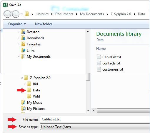 Kablar som är för stora för den valda apparaten kommer att filtreras bort i programmet. a. Namn på kabeln under Description kan väljas fritt. Fig. 5.1 Kabellista i Excel. 2.