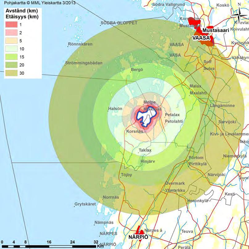 34 (107) Bild 8.3. Avståndszonerna från projektområdet med 30 kilometers radie.
