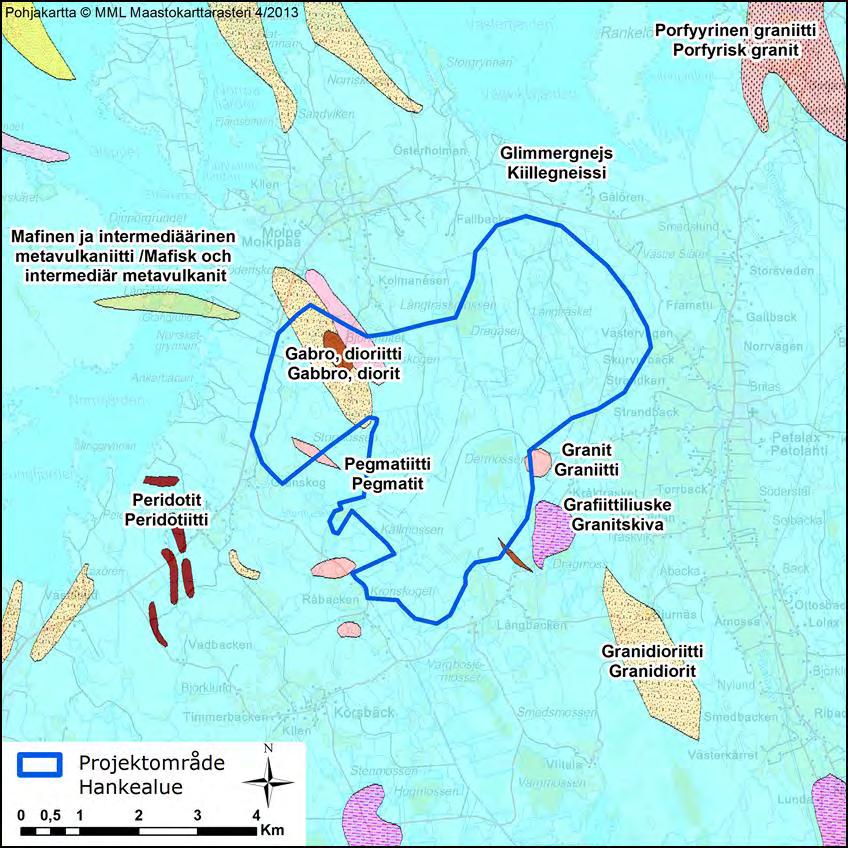 42 (107) Bild 9.2. Berggrunden i projektområdet och i näromgivningen (GTK 2013a). Kuva 9.2. Kallioperä hankealueella ja sen läheisyydessä (GTK 2013a).