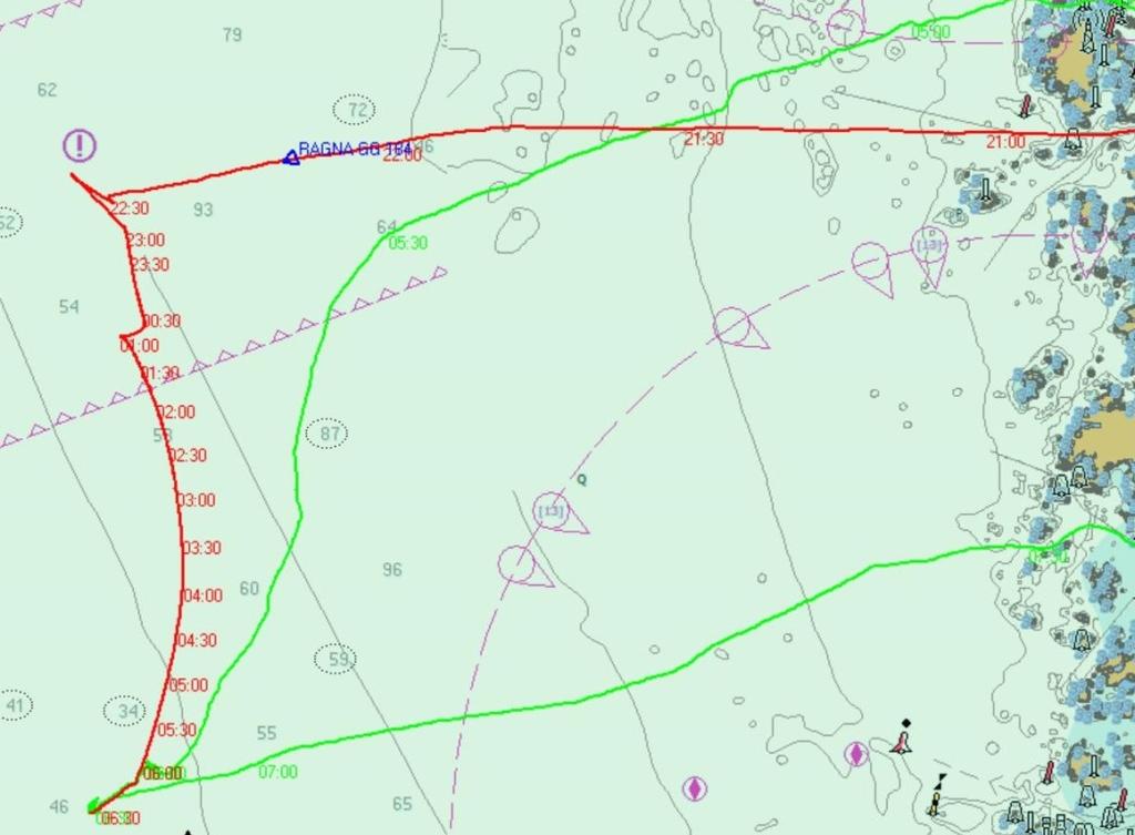 Figur 2. AIS-spår för RAGNA (rött) och RESCUE SPARBANKEN TANUM (grönt).