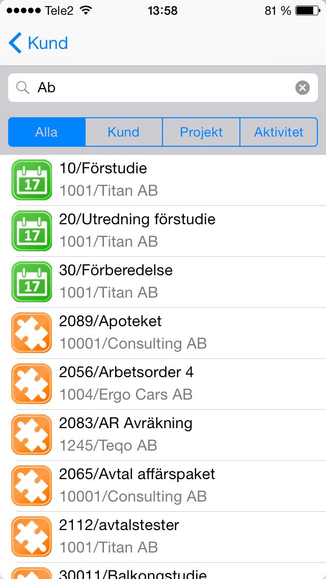 Sök kund/projekt/aktivitet Om du inte hittar ditt projekt eller aktivitet så kan du använda sökfunktionen. Skriv in önskat sökord i sökfältet och tryck på Sök.