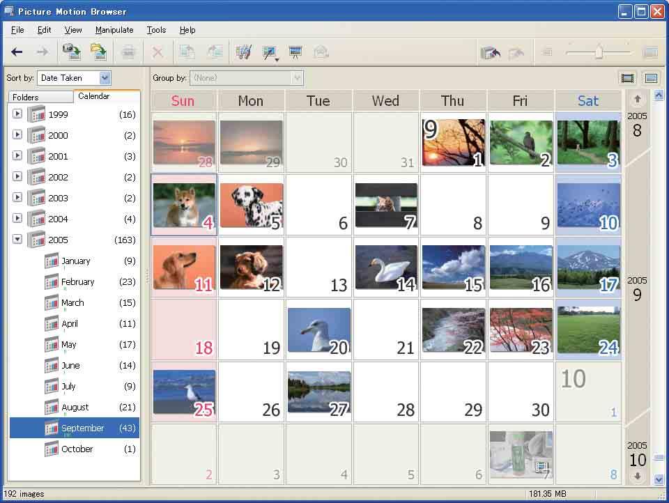 Kopiera bilder till datorn med hjälp av Picture Motion Browser Organisera bilderna på en kalender på datorn efter tagningsdatumet. Se Picture Motion Browser Guide för närmare detaljer.