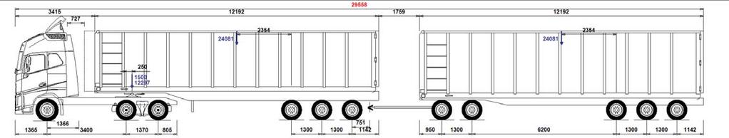 Typfordonskombination 34-8, Dragbil med dubbla påhängsvagnar, typ A-dubbel, för container 74 ton Det här är en liknande kombination som 34-7 men istället avsedd 40 eller 45 fots containerlastat gods.
