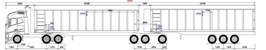 Typfordonskombination 34-11, Dragbil med dubbla påhängsvagnar, typ B-dubbel, för dubbla 40/45-fots containrar 69 ton Fösta påhängsvagnen har en lågfartsstyrande sista axel, men i ett fall har även