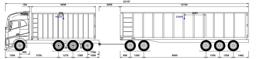 Typfordonskombination 74-12, Fyraxlig lastbil med femaxlig släpvagn för anläggning eller containertransport 74 ton Kombinationen är avsedd för anläggnings- eller containertransport.