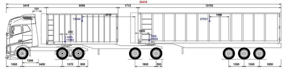 Typfordonskombination 64-7, Dragbil med dubbla påhängsvagnar, typ B-dubbel, för containertransport, 64 ton Det här är en vanlig kombination för containertransport.