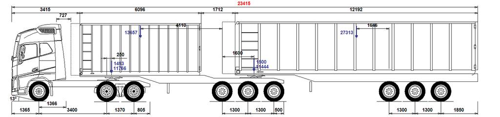 Typfordonskombination 64-8, Treaxlig dragbil med dubbla treaxliga påhängsvagnar, typ B- dubbel, för containertransport - 64 ton Det här är en vanlig kombination för containertransport som med sina
