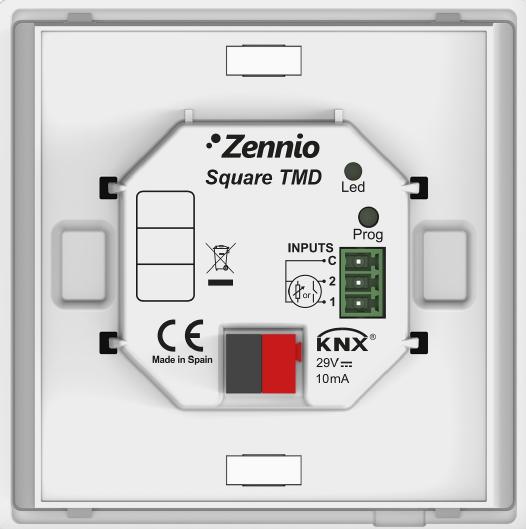 Zennio KNX Villapaket E7 389 8 Inkoppling och montage Zennio Square TMD glasknappar Denna sida monteras uppåt Baksida tryckknapp Märkning Individuell Adress Magnetfästen för metallfläns C Följande