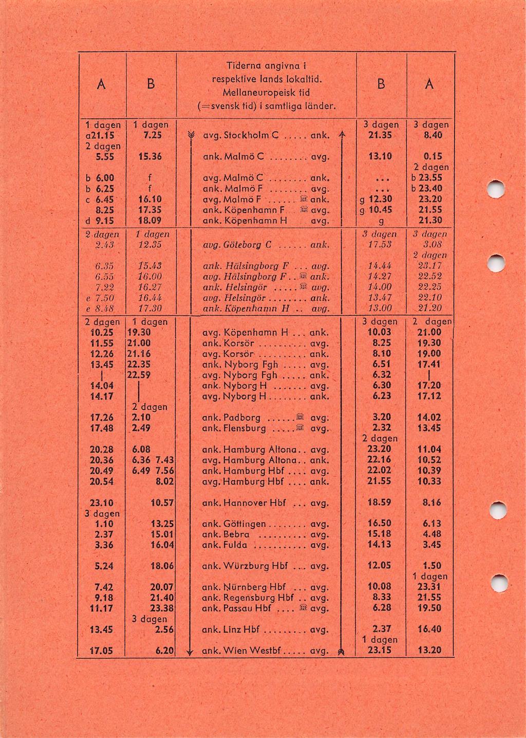 3 A B ' Tiderna angivna i respektive lands lokaltid. Mellaneuropeisk tid (=svensk tid) i samtliga länder. B A dagen a21.15 7.25 ^ Stocktiolm C > k 21.35 8.40 S.55 15.36 MalmöC 13.10 0.15 b 6.