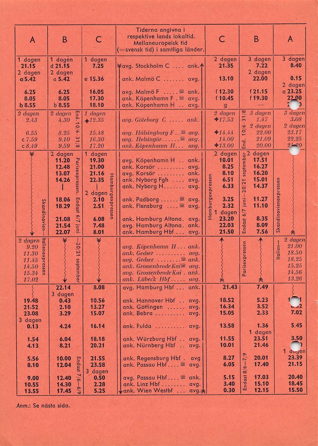 1 7 Tiderna angivna i A B C respektive lands lokaltid. Mellaneuropeisk tid C B A ( =svensk tid) i samtliga länder. 21.15 d 21.15 7.25 ^ Stockholm C... 4 21.35 7.22 8.40 a 5.42 a 5.42 e 15.