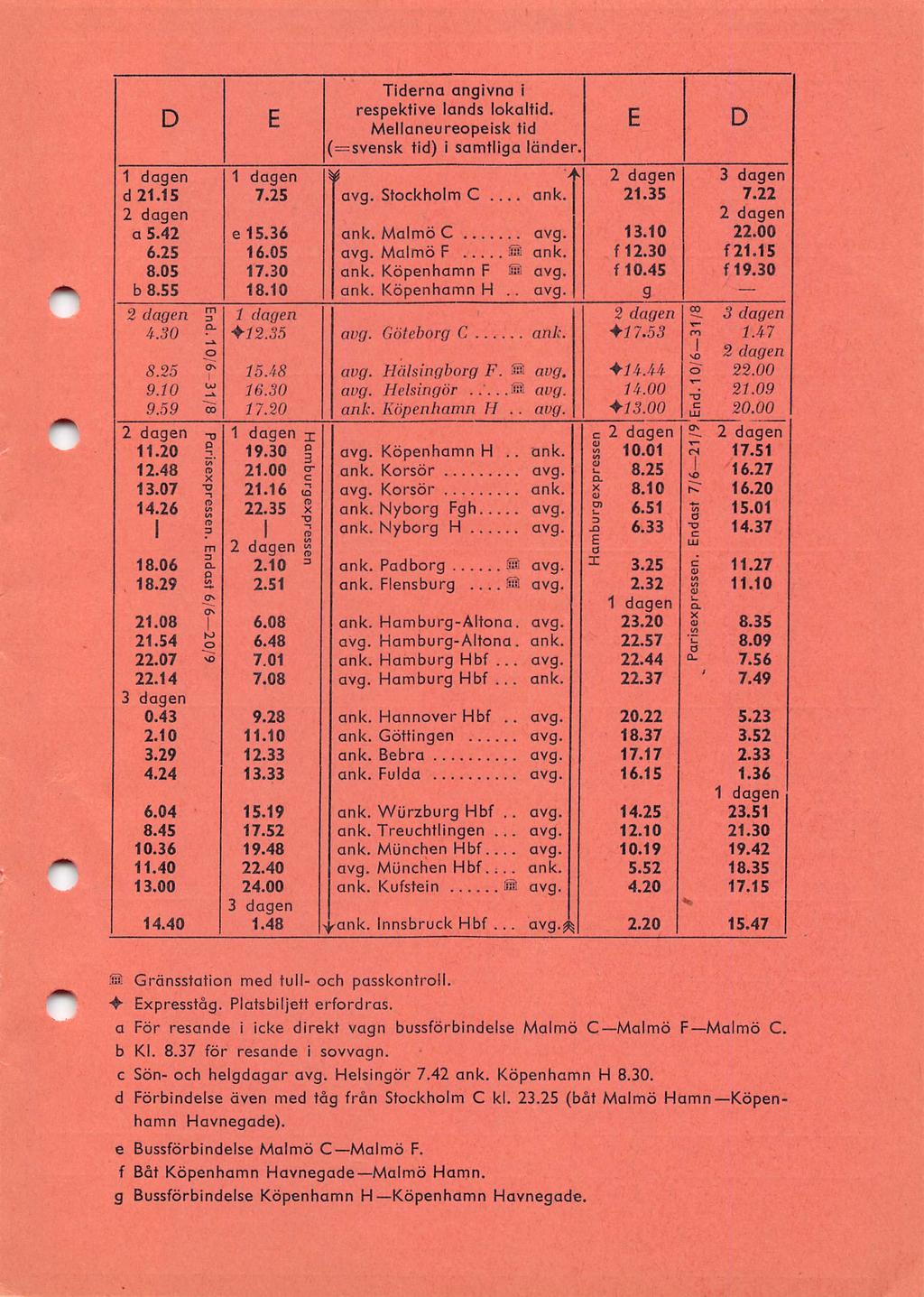 D E Tiderna angivna respektive lands lokaltid. Mellaneureopeisk tid (=svensk tid) i samtliga länder 'j k d 21.15 7.25 Stockholm C... 21.35 7.22 a 5.42 e 15.36 Malmö C 13.10 22.00 6.25 16.