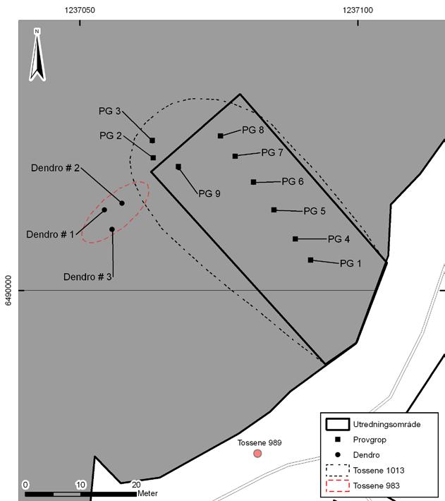 10 Bohusläns museum 2010:54 Figure 6. Section of GSD-Property map showing investigation area, test trenches, samples for dendrochronological analysis and Tossene 983 and 1013. Scale 1: 500.