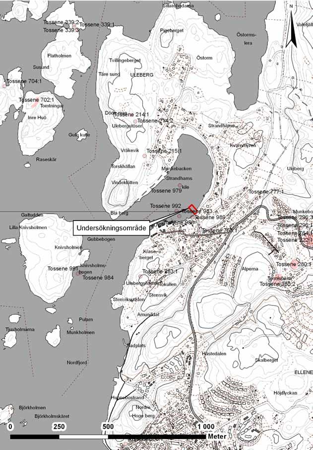 Strandhamns kile, Ulebergshamn 7 Figure 3. Section of GSD-Property map, sheets 8A 8h, 8A 7h, with the investigation area and nearby ancient remains marked. Scale 1:10 000.