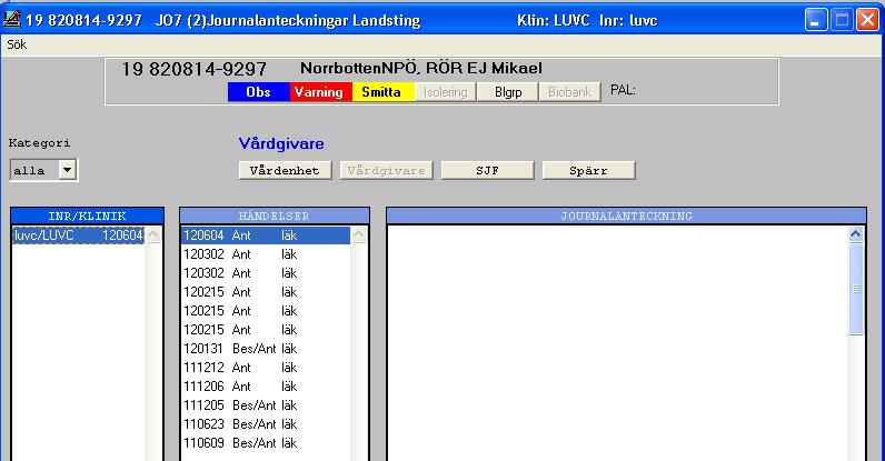 Knappen vårdgivare har valts. Två ytterligare knappar aktiveras - SJF, knappen för sammanhållen journalföring och knappen Spärr.