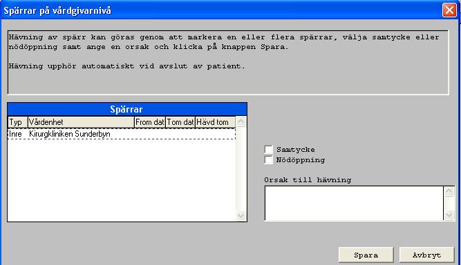 Klick på knappen Spärr ger information om att patienten har spärrat sin journal, i detta fall på kirurgkliniken i