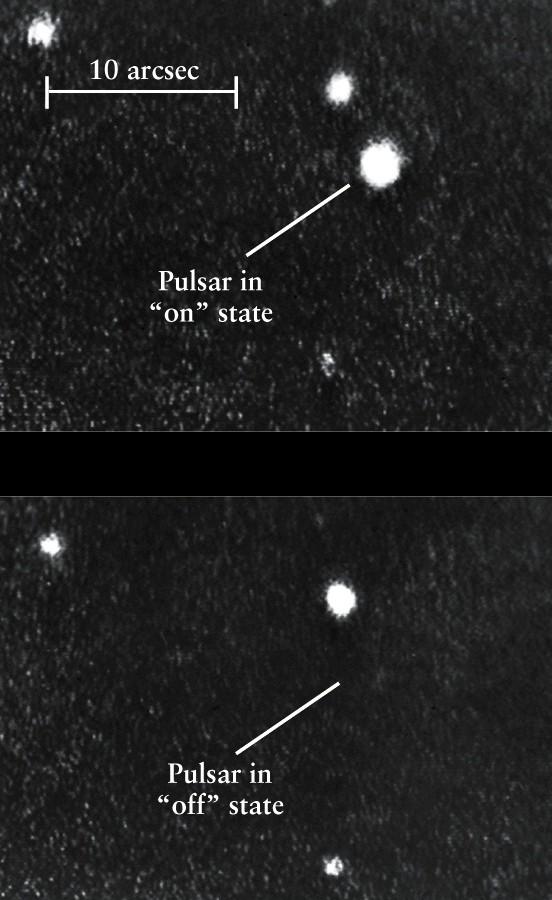 Krabbpulsarens båda ansikten, på och av i