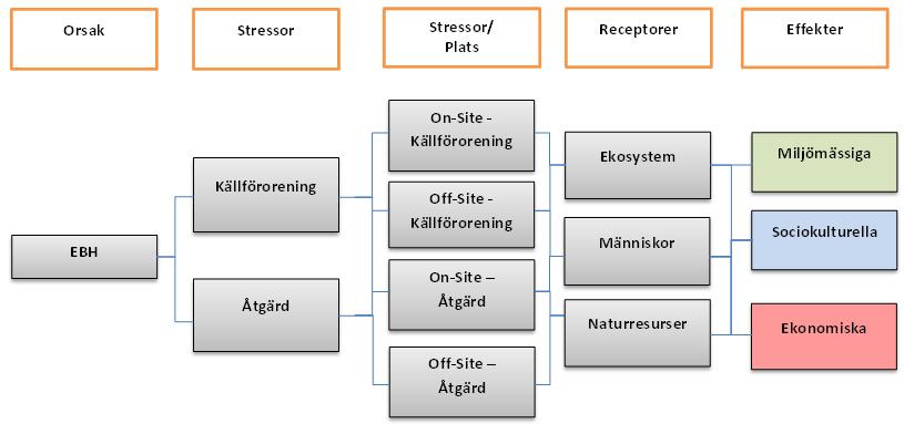 en orsak till de miljömässiga, de sociala och de ekonomiska effekterna hos olika mottagare (receptorer), d.v.s. ekosystemet, människor och naturresurser.