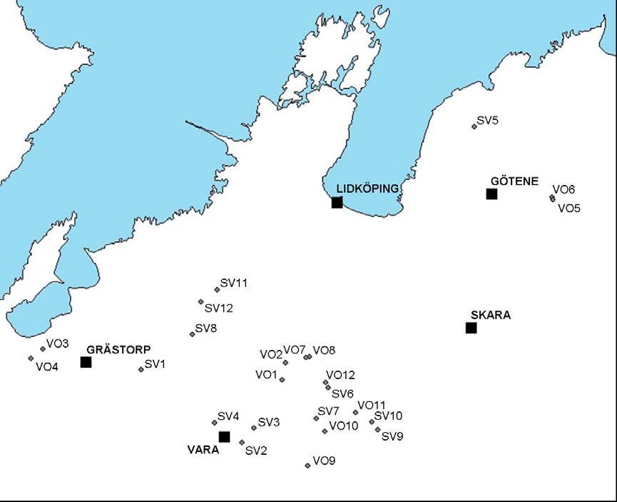 Material och metoder Försöksplatser och försöksplan Under hösten 20 fastlades 24 treåriga fältförsök på olika platser i norra Västergötland (figur 1).