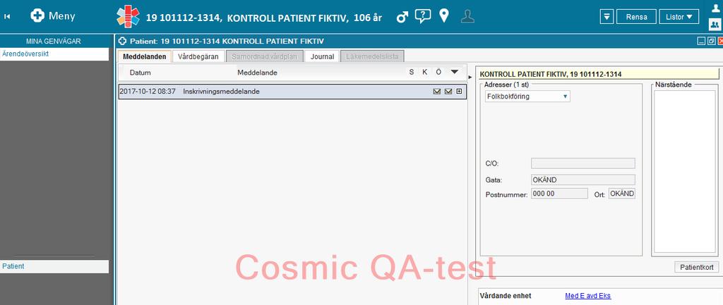 2017-10-13 1 8(10) 1.6. Uppdatera Patientkortet i Cosmic Via knappen Patientkort i Meddelandevyn för aktuell patient i Link, kan man komma vidare till patientkortet.