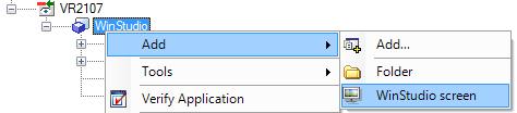 WinStudio - Uppstart 11 5 Skapa en skärm Lägg till en ny skärm genom att högerklicka på WinStudio ikonen och välj Add och sedan WinStudio screen.