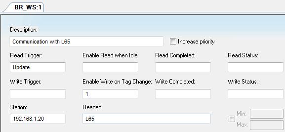 1 under Read Trigger, skriv en etta under fältet Enable Write on Tag Change för att taggarna skall skrivas till styrsystemet när dom blir ändrade i