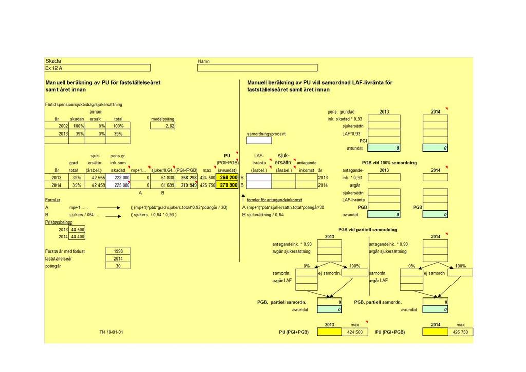 Skada Ex 12A Namn Manuell beräkning av PU för fastställelseåret sam1 året innan Manuell beräkning av PU vid samordnad LAF-Iivränta för fastställelseåret samt året innan Förtidspensronl