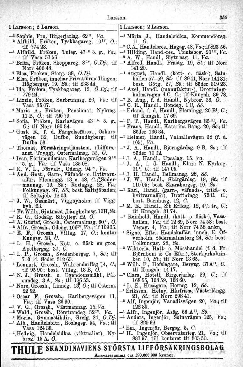 o Dufbo Sö.;., l Larsson; 2 Larson. 1 Larsson; 2 Larson. Larsson. 868-2Sophie, Fru, Birgerjarlsg. 62I!, Va.. _, Märta J.) Handelsidk:a, Kommendörsg. _2 Alfhild, Fröken, Tyskbagareg. 10 1V, O 11, O.