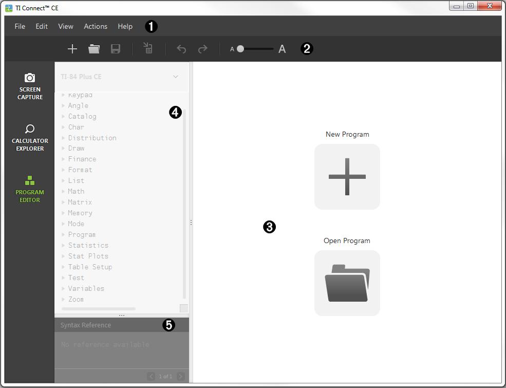 Områden i arbetsområdet Program Editor (Programeditor) Menyrad - Använd dessa menyer för att hantera filer och program, och för att få hjälp.