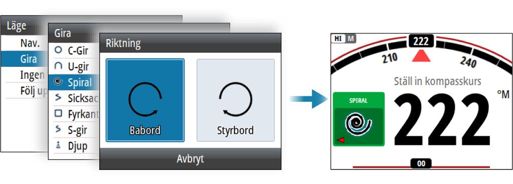 AC12N/42N och SG05: Gräns för navigeringsförändring, se "Automatisk styrning (AC12N/AC42N)" på sida 41 Styrning med girmönster Systemet har ett antal automatiska funktioner för girmönster när