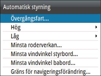 Om Relativ vindvinkel är 60 : Vindläget använder Relativ vindvinkel. Om Relativ vindvinkel är > 60 : Vindläget använder Sann vindvinkel. - Relativ - Sann VMG-optimering: Optimera VMG efter vinden.