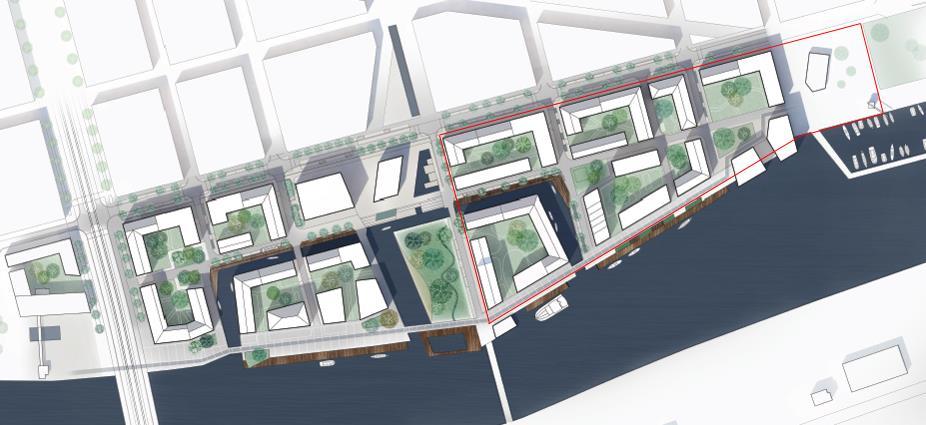 12 Områdets framtida utformning På Kolkajen planeras innerstadsbebyggelse med bostäder och centrumverksamheter. Utöver byggnader planeras även parker och kanaler att uppföras.