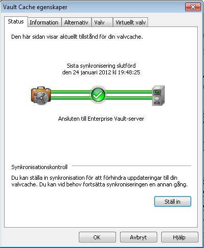 Hantera Enterprise Vault-arkivering Synkronisera Valvcache 37 Pausa eller återuppta synkronisering 1 Klicka på fliken Arkiv och sedan på Enterprise Vault. 2 Klicka på Konfigurera Valvcache.