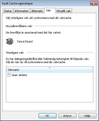 Hantera Enterprise Vault-arkivering Se och ändra dina Valvcache-egenskaper 38 3 Klicka på fliken Valv i Valvcache-egenskaper.