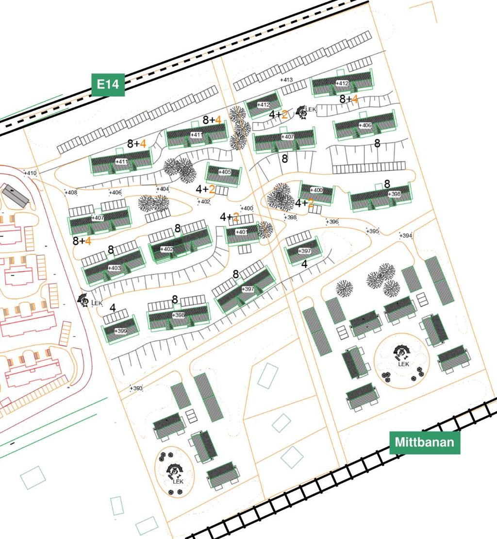 4 Beskrivning av området Figur 3 visar en översiktlig bild över det planerade området. Bebyggelsen består av bostäder i två samt tre våningsplan (suterränghus) och klassas som småhusbebyggelse.