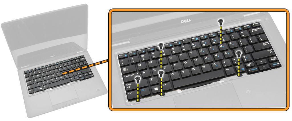 5 Utför följande steg som visas i illustrationen: a Bänd upp tangentbordet för att frigöra det från datorn [1]. b Ta bort tangentbordet från datorn [2].