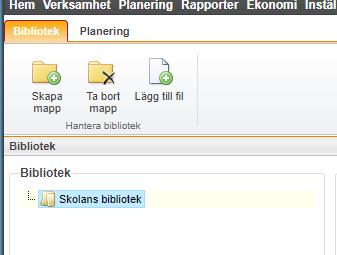 Genom att markera mappen Skolans bibliotek tänds de ikoner man använder för att bygga sin mappstruktur och laddar upp sina filer.