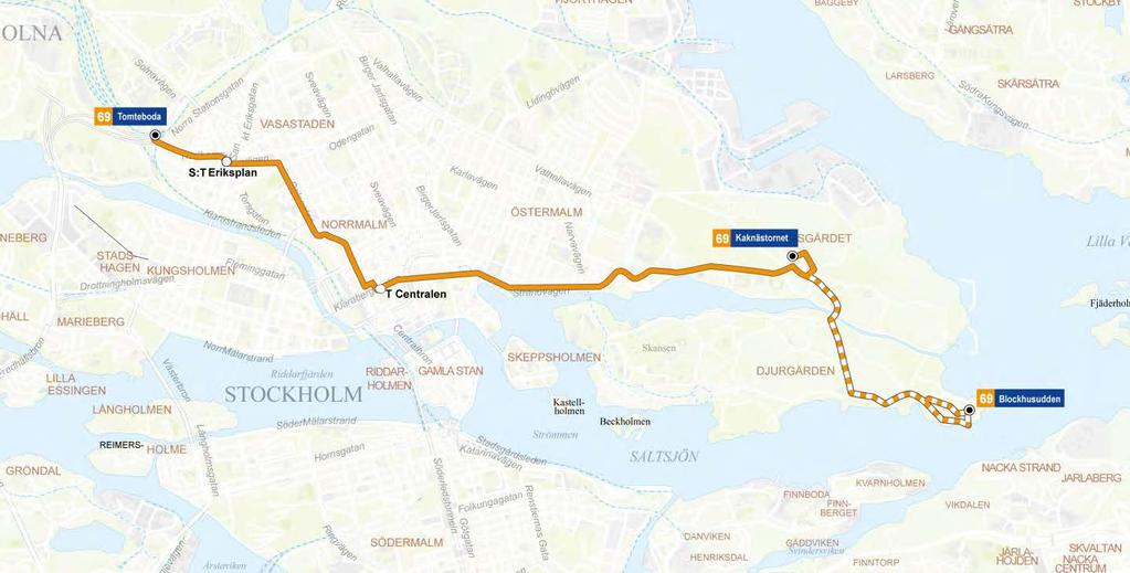 Linje 69/69K: Tomteboda - Blockhusudden/Kaknästornet Linjesträckning Oförändrad. Samma som idag.