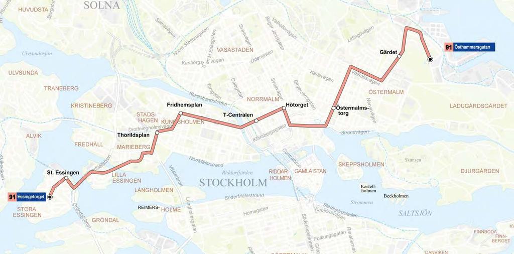 Linje 91: Stora Essingen - Frihamnen Linjesträckning Ingen förändring av linjesträckningen, samma som idag.