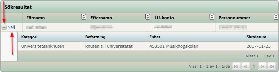 Sökresultatet visar förnamn, efternamn, LU-konto och personnummer.