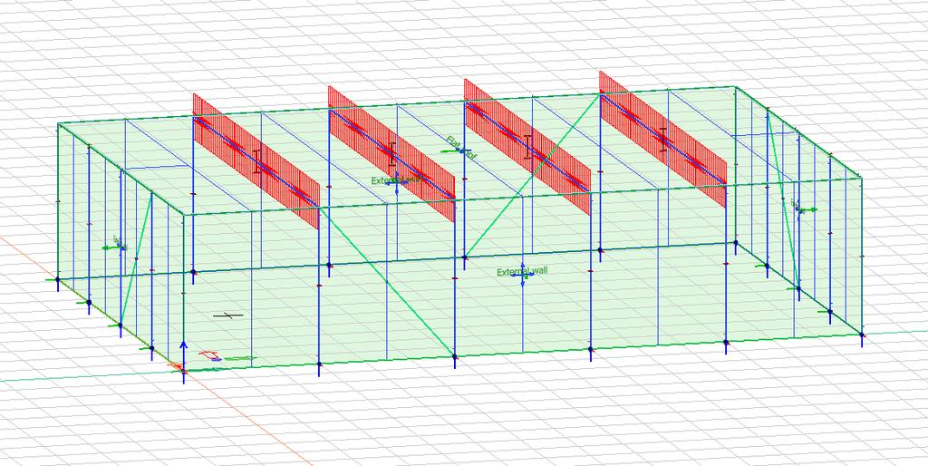 Figur 4.2: Simulering av ett fiktivt fackverk i FEM modell. Figur 4.3: Simulering av en styv takskiva i FEM modell.