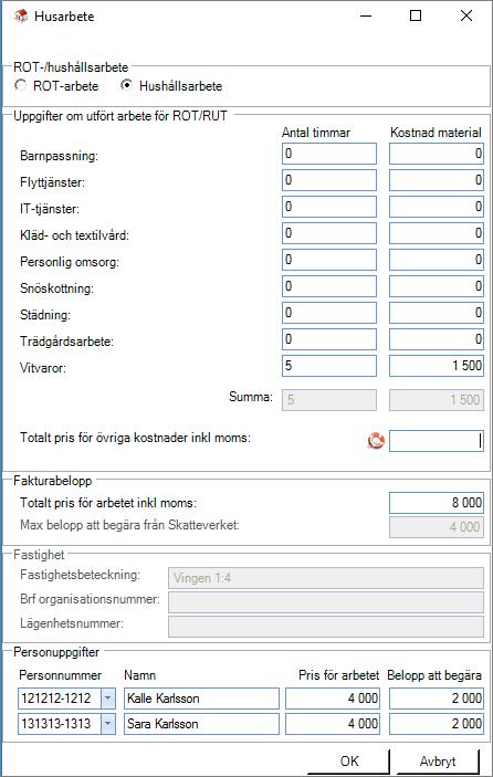 Här anger du om fakturan avser ROT-arbete eller Hushållsarbete och då ändras typ av arbete beroende på vilket du valt. Vårt exempel i beskrivningen nedan avser ROT-arbete.