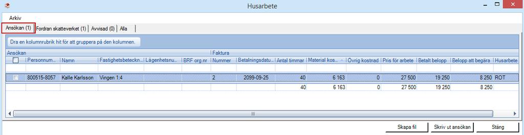 Markerar du fakturan och klickar på Mer info får du information om att det är en Husarbetsfaktura som är betald med ett felaktigt belopp.