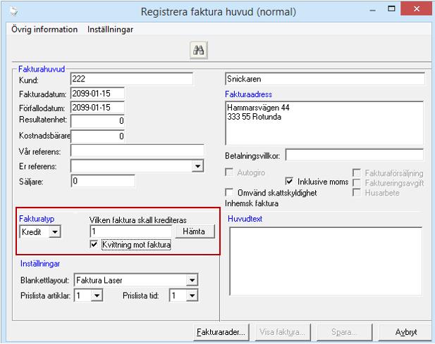Kreditfaktura En kreditfaktura på en Husarbetskund måste kvittas mot debetfakturan i sin helhet.