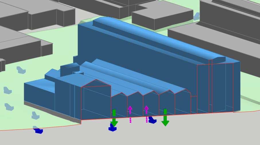 I figur 11 redovisas ett utdrag från modellen med en genomskärning av huskropparna med tänkbara exponeringsvägar för ångor till sågtandsbyggnaden och spridning av föroreningar från byggnaden till