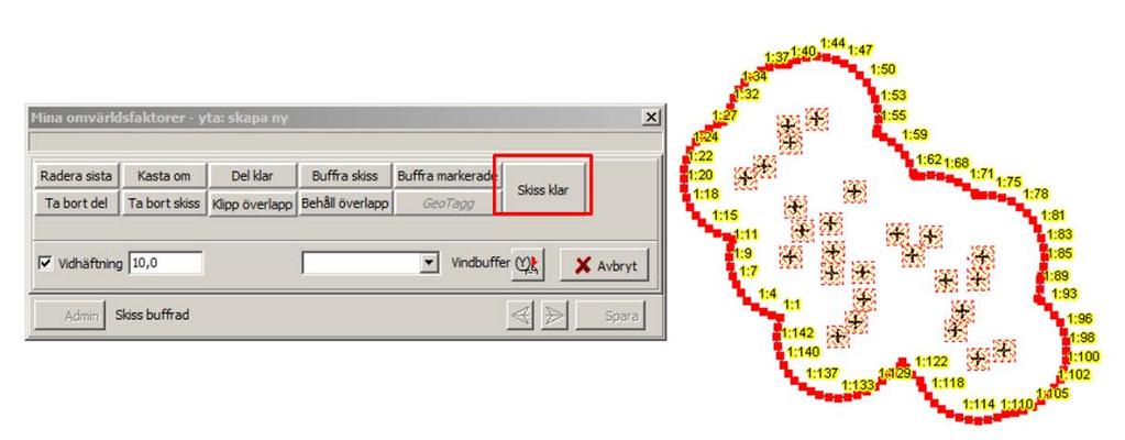RenGIS ritar en buffertzon kring varje punkt, men tar bort alla överlappande