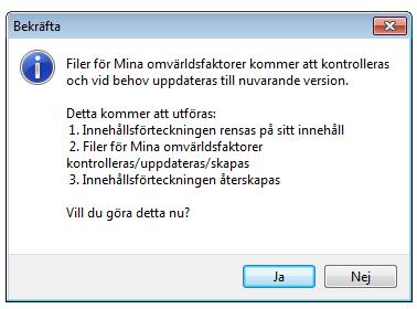 Första gången redigering av mina omvärldsfaktorer startas öppnas nedanstående fönster. Klicka på Ja.