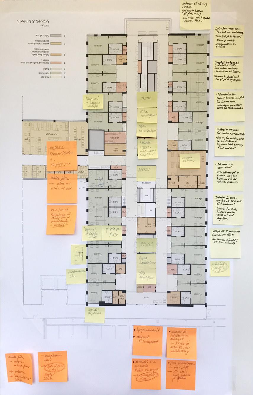 WORKSHOP WORKSHOP Något som överraskade deltagarna var att ett av sjukhusen, där planlösningen består av fyra rektangulärt sammankopplade enkelkorridorer (se bild), innehöll så många möjligheter till